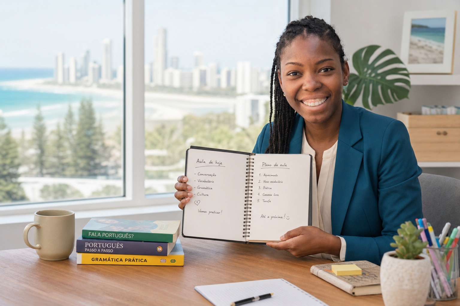 Barbara Sharon holding a Portuguese lesson plan beside Portuguese language books