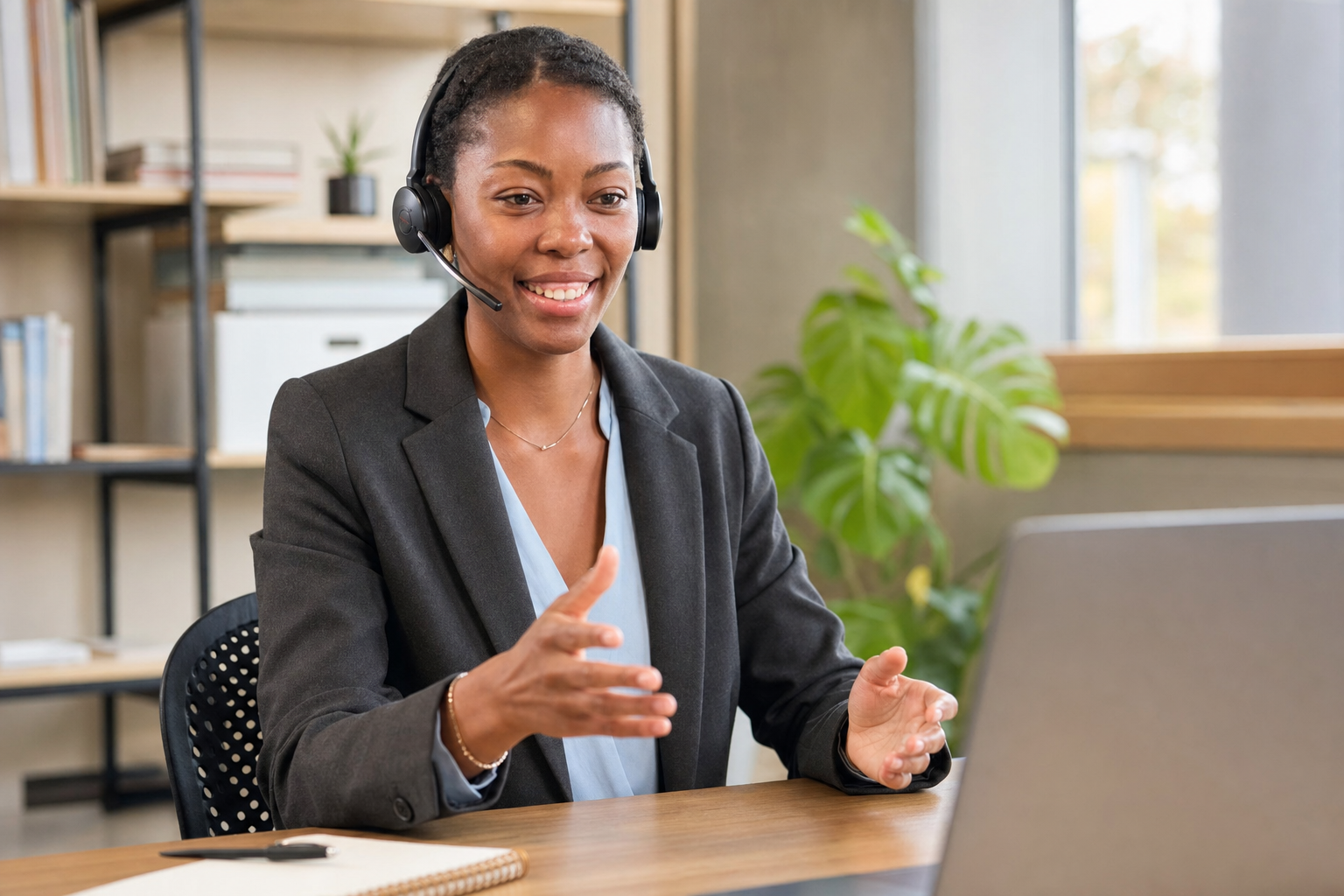 Barbara leading an online Portuguese lesson with a professional headset