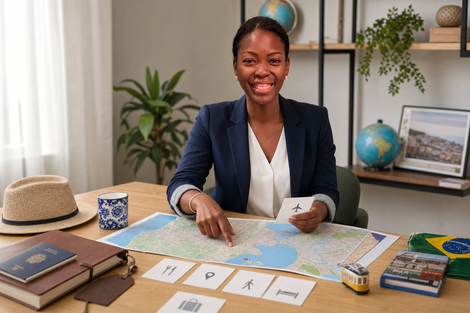 Barbara helping a traveller plan a Portuguese-speaking trip with a map, passport, and travel notes